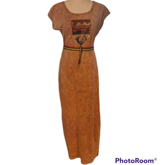 Vintage Elisa boho Western hand painted Long Cotton dress Natural - Picture 5 of 15